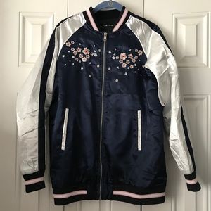 Floral Navy and Silver Bomber Jacket